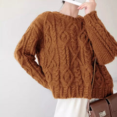 Hnewly  Chunky Knit Oversized Sweater Pullovers Women Loose Cable-knit Crewneck Sweater Jumper Teen-girl Granpa Style Y2K Outfit