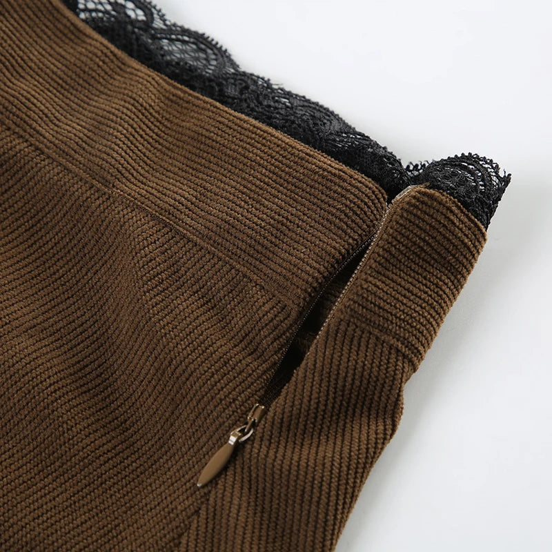 Hnewly Grunge y2k Brown Skirt Spring Autumn Retro Lace Stitching Low Rise A-line Midi Skirts for Women Vintage y2k Clothing Lady