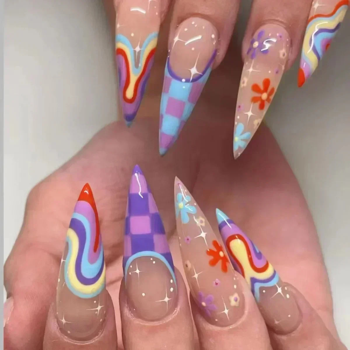Hnewly 24Pcs French Almond False Nails Glitter with Rhinestones Wearable Fake Nails Artificial Simple Full Cover Press on Nails Tips