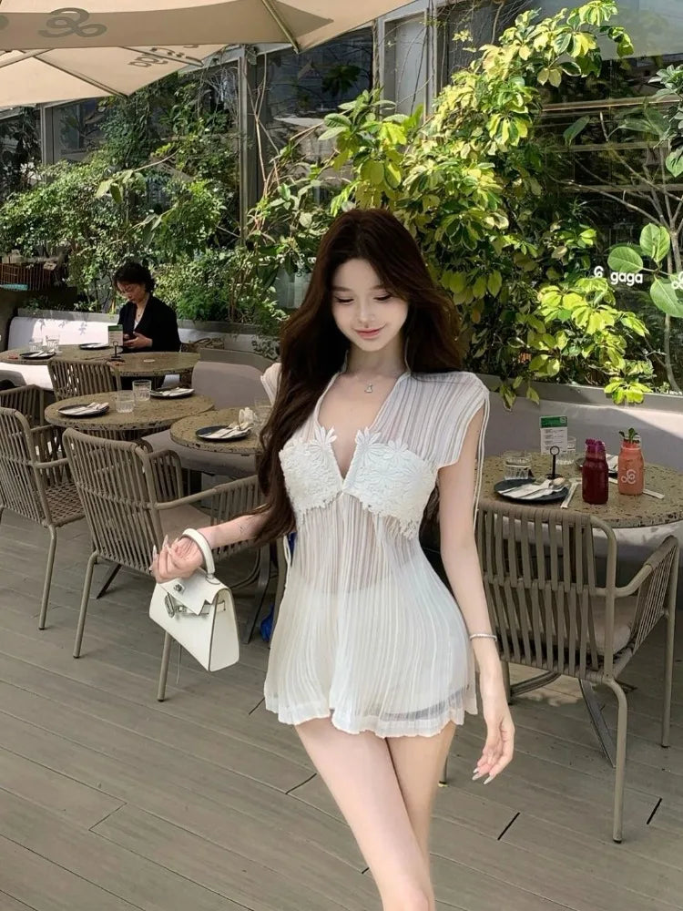 Hnewly  Shirts Women Flowers Sleeveless V Neck Loose See Through Summer Fashion Elegant Blouse Female Casual Tops Sexy Chic