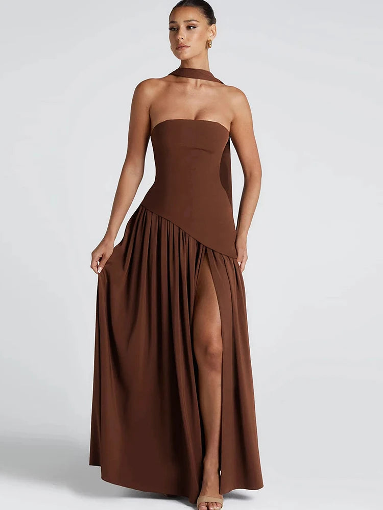 Hnewly  Backless Patchwork Dress Women Summer Draped Side Slit Ribbon Strapless Sleeveless Elegant Birthday Party Vestidos