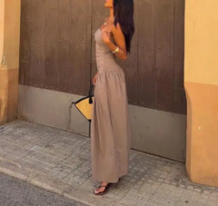Hnewly  Autumn New  Women's Strapless Sleeveless Slim Bodice and Relaxed Maxi Dress Ruched Waist and Flowy Solid Color Skirt