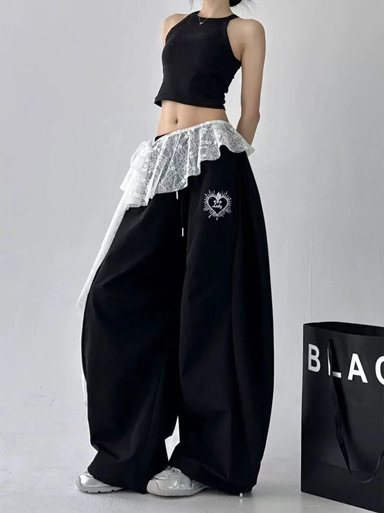 Hnewly Korean Irregular Lace Women Mini Skirts Y2K High Waist Lace Up Embroidered Flower Split Skirts Fashion Streetwear Ruffles Skirts