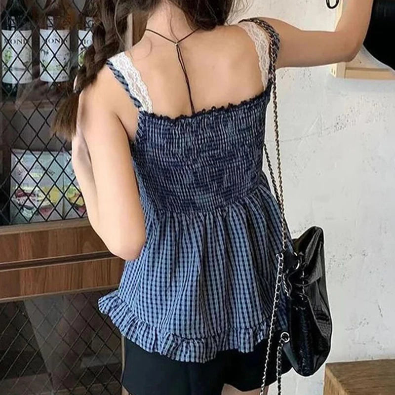 Hnewly Cute Coquette Plaid Print Crop Top Y2k Sweet Lace Patchwork Fake Two-piece Strap Tops Vintage 2000s Women Tees Aesthetic