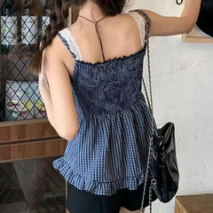 Hnewly Cute Coquette Plaid Print Crop Top Y2k Sweet Lace Patchwork Fake Two-piece Strap Tops Vintage 2000s Women Tees Aesthetic