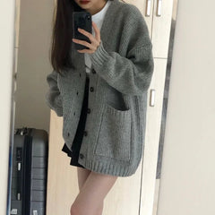 Hnewly Autumn Winter Women Cardigan Sweater Coats Fashion Female Long Sleeve V-neck Loose Knitted Jackets Casual Sweater Cardigans