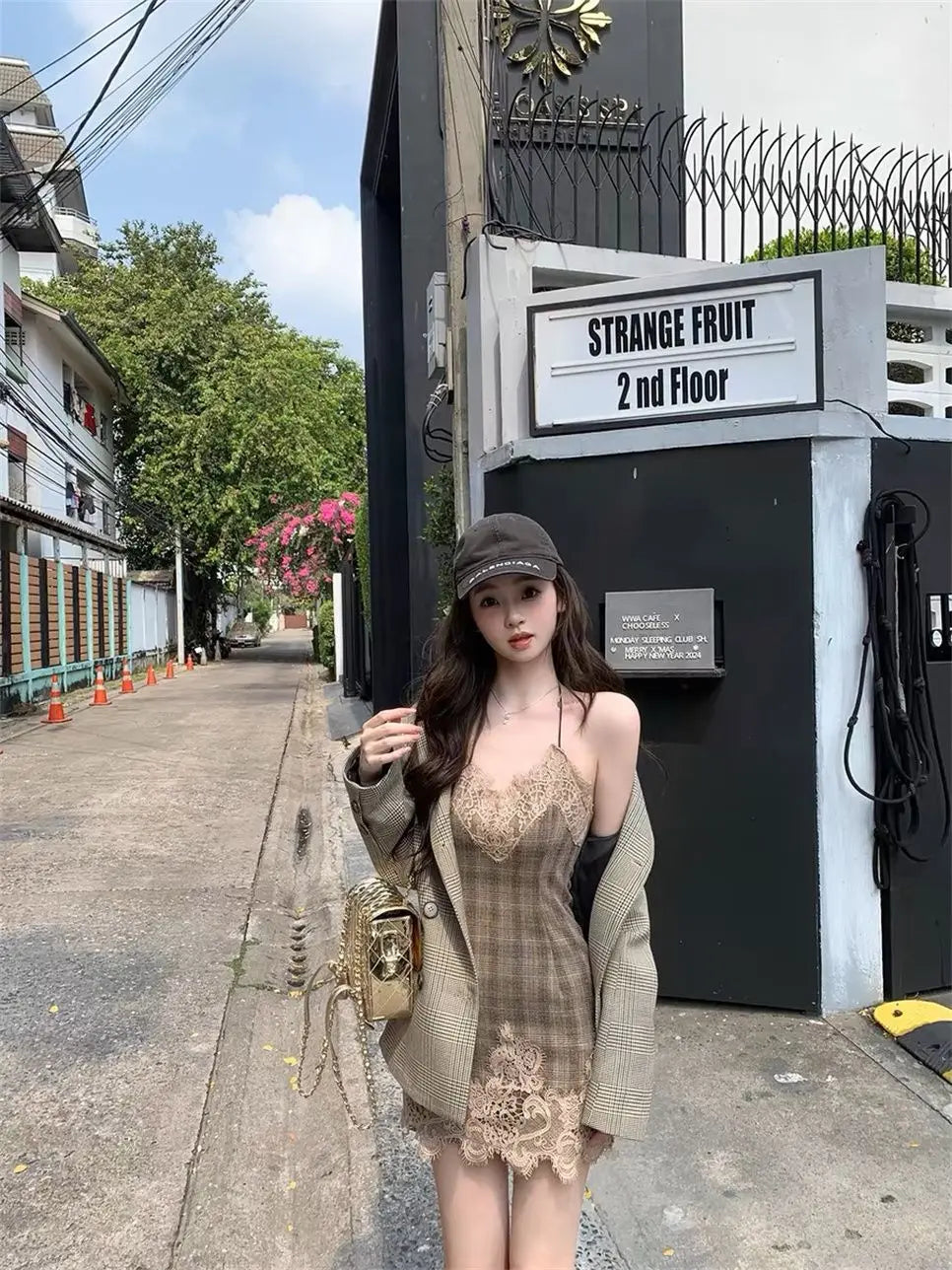 Hnewly DRESS TO IMPRESS French Vintage Striped Plaid Short Dress Women Spring New Pure Desire Sleeveless Mini Dress One Piece Corset Sweet Short Dress