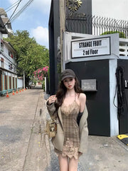 Hnewly DRESS TO IMPRESS French Vintage Striped Plaid Short Dress Women Spring New Pure Desire Sleeveless Mini Dress One Piece Corset Sweet Short Dress