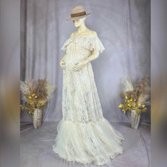 Hnewly  Off Shoulder Maternity Woman Dress For Baby Shower Photography Organza Embroidered Flowers Gown For Pregnant Lady
