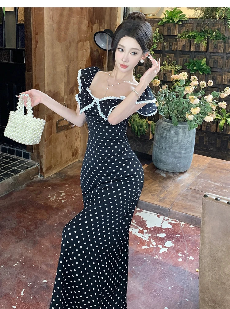 Hnewly  Woman Dress Vintage Sexy Polka Dot Ruffles Elegant Backless French Style Summer Fashion Sweet Party Dresses Female