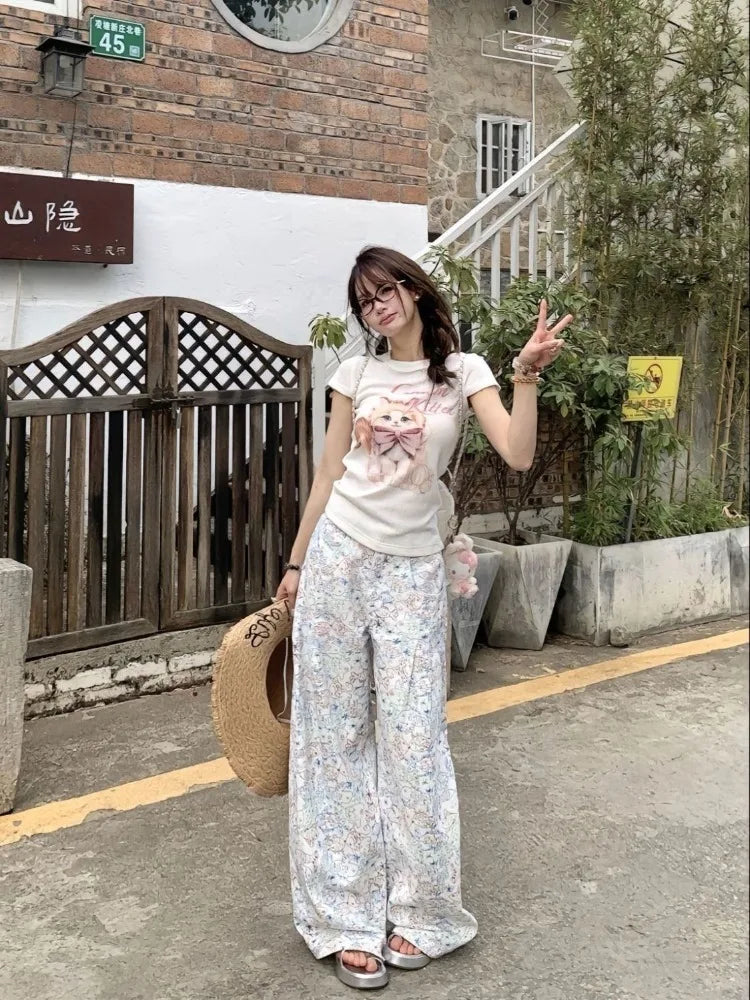 Hnewly  Sweet T Shirts Women Cartoon Cat Printed Short Sleeve Summer Fashion Sexy Stretch Slim Y2k Tops Female Casual Tshirt