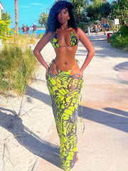 Hnewly  Beach Vacation Women 3Piece Set Mesh Thin Sexy Y2K Print Halter Bra+Thong+Wrapped Maxi Split Skirts Matching Swimsuit