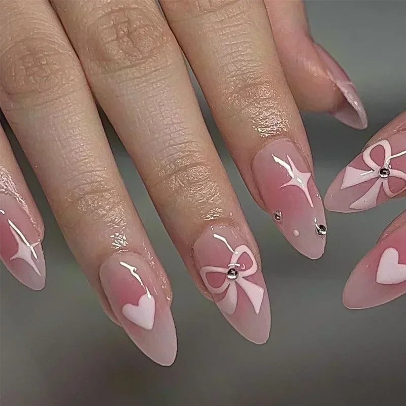 Hnewly 24pcs Detachable Flower Almond bowknot French False Nails Stars Love Glitter Design Press on Nails Fake Nials DIY Manicure Nails