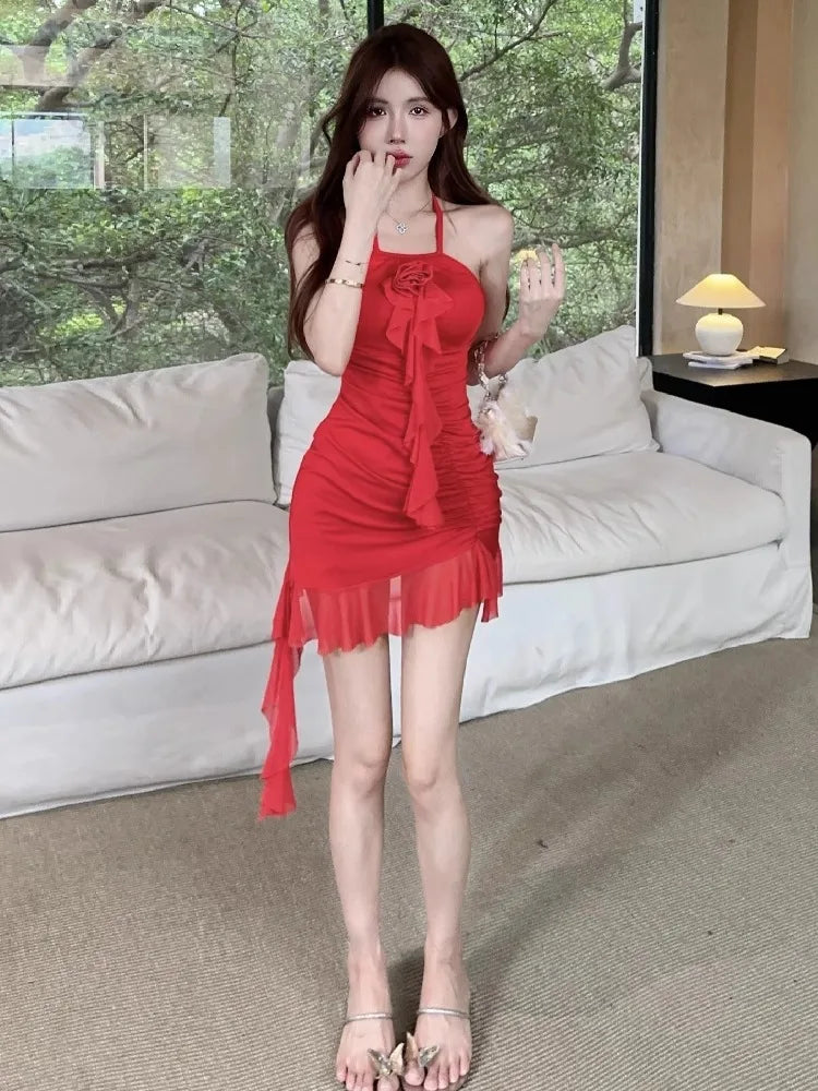 Hnewly  Irregular Dresses Women Ruffles Patchwork Sexy Sweet Sleeveless Halter Slim Ruched Backless Party Mini Dress Female