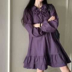 Hnewly  Purple Woman Dresses Solid Flowers Korean Fashion Elegant Vestidos Mujer Spring Autumn Retro Simple Mini Dress