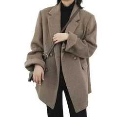 Hnewly WINTER OUTFITS Women Wool Blend Coat Solid Mid Long Woolen Blazer Thick Warm Blouse Women's Overcoat Office Lady Tops Autumn Winter