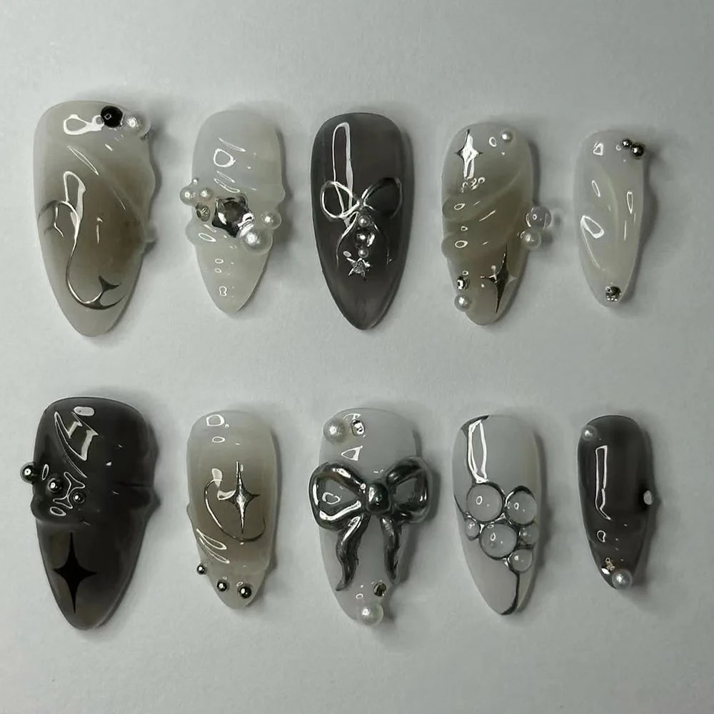 Hnewly 24Pcs French Almond False Nails Glitter with Rhinestones Wearable Fake Nails Artificial Simple Full Cover Press on Nails Tips