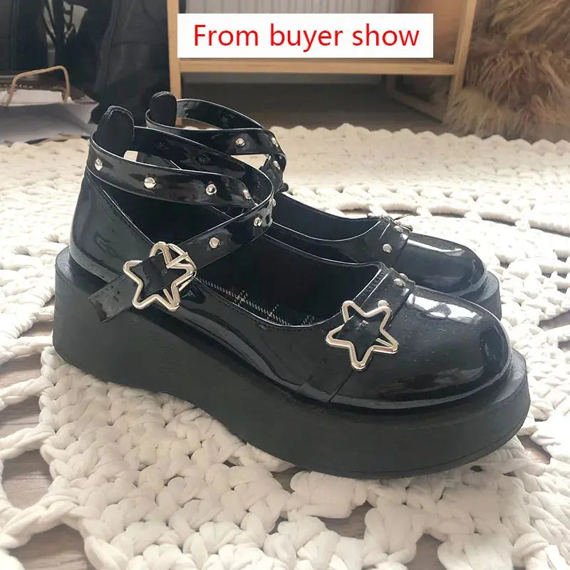 Hnewly Shoes Lolita shoes Women heels platform mary janes Star Buckle Strap Mary Janes Women Cross-tied Girls Rivet Casual kawaii shoes