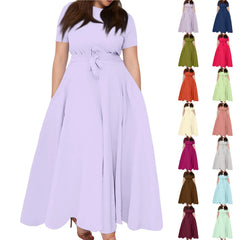 Hnewly  Summer Classic Solid Color Large Size Round Neck Short Sleeve Pocket Straps Swing Dress Fashion High Waist A-line Skirt