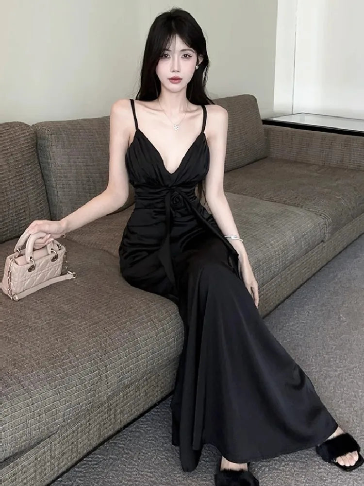 Hnewly  Women Dress Sexy V Neck Sleeveless Backless Ruffles Ribbon Backless Elegant Temperament Party Dresses Ladies Fashion