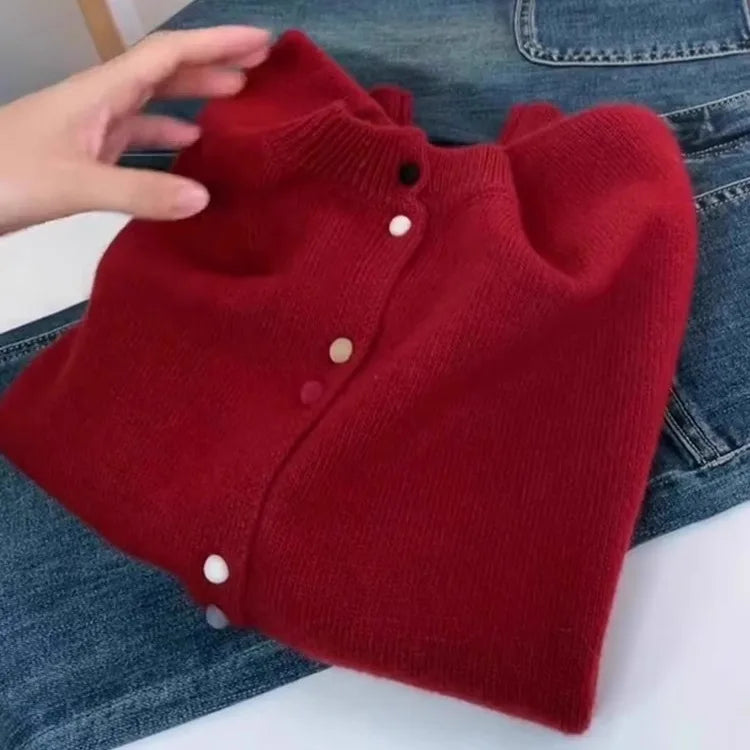 Hnewly  Solid Single Breasted Sweater Women New Autumn  Winter O-neck Loose Basic Top Elegant Long Sleeved Knitted Cardigan Jacket