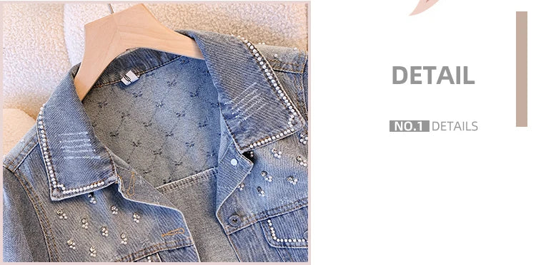Hnewly  Women Denim Jacket Spring Autumn 2025 New Popular Sweet Luxury Beaded Short Top Loose Long Sleeve Lapel Single Breasted  Coat