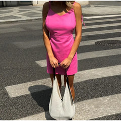 Hnewly  Sexy Backless Short Sling Dress Women Lace Up V-neck Sleeveless Female Beach Dresses Summer Lady Rose Red Holiday Robes