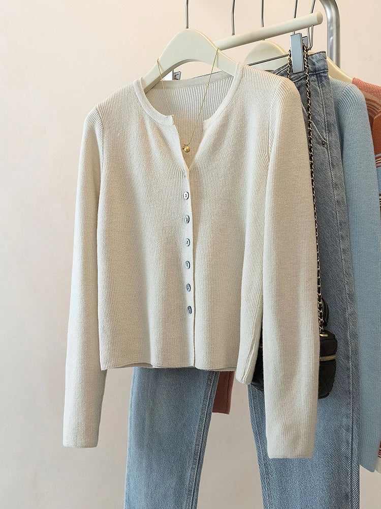 Hnewly Blue Knitted Cardigan Sweater Women's French Autumn  Winter Soft O-neck Single Breasted Outwear Elegant Long Sleeved Slim Top
