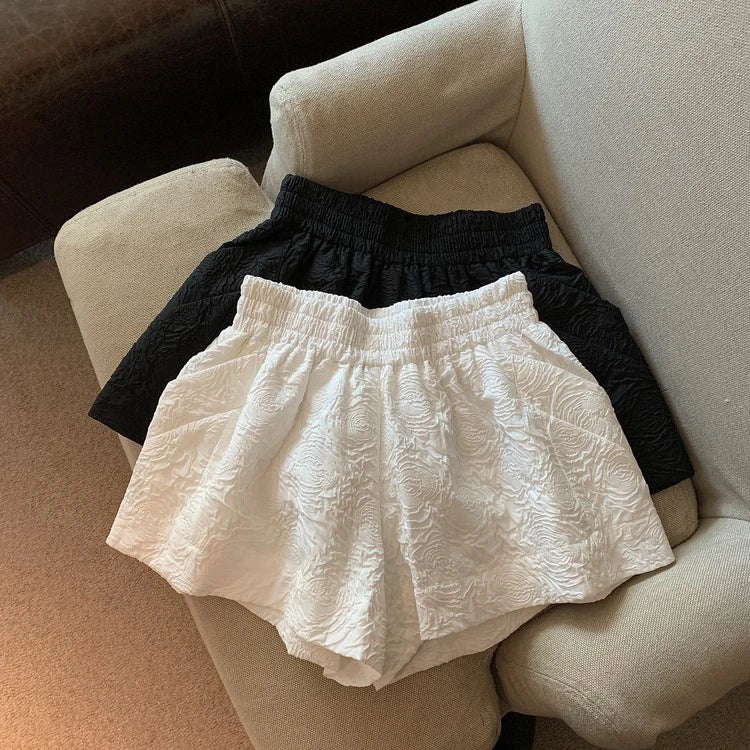 Hnewly  Black White Jacquard Shorts Women 2025 Summer Elastic High Waist Pockets Wide Leg Shorts Woman Loose Streetwear Half Pants