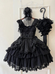 Hnewly  Original Design New Summer Lolita Dress Women's Sweet Flower Wedding Lace Bowknot JSK Sling Dress Black and White Princess