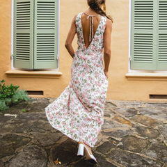 Hnewly  Women Y2k V Neck Maxi Dress Vintage Floral Print Sleeveless Backless Long Dress Bohemian Beach Midi Dress Streetwear