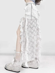 Hnewly  Lace Patchwork White Skirt for Women Irregular Slim Fit Bodycon Split Skirts Summer New Mid-length Faldas Sexy Mujer