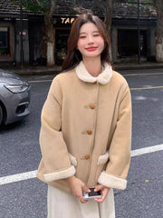 Hnewly  Women Faux Lamb Suede Jacket Winter Warm Long Sleeve Sweet Cotton Coat Korean Pockets Female Thick Vintage Outwear Tops