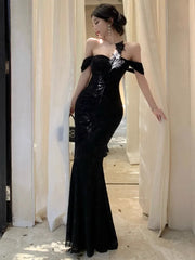 Hnewly  Woman Dress Slash Neck Sexy Flowers Off Shoulder Backless Vintage Elegant Temperament Party Mermaid Dress Female Cocktail