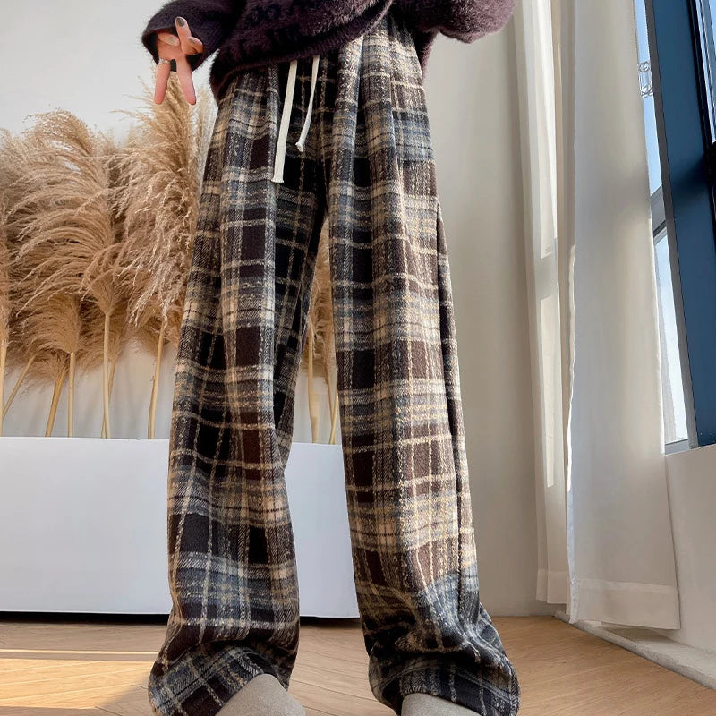 Hnewly  Harajuku Thicken Plaid Pants for Women Autumn Winter Fleece Wide Leg Trousers Woman Baggy Drawstring High Waist Pants Ladies