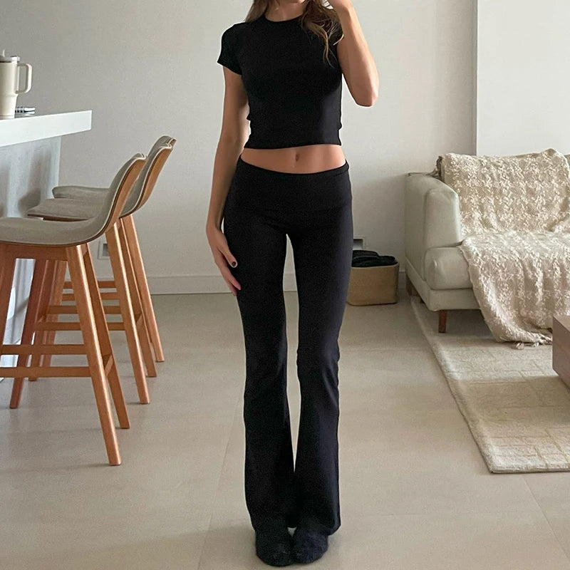 Hnewly Women Casual Slim Fit 2 Piece Set Short Sleeve Crop Tops + Pants Elegant Matching Suit Vintage Y2K Rib Knitted T-shirt Outfits