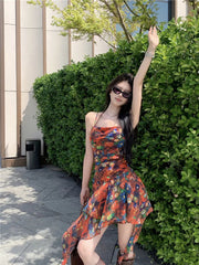 Hnewly  Retro oil painting printed camisole dress women in summer slim fit irregular skirt design waist cinching A-line short skirt