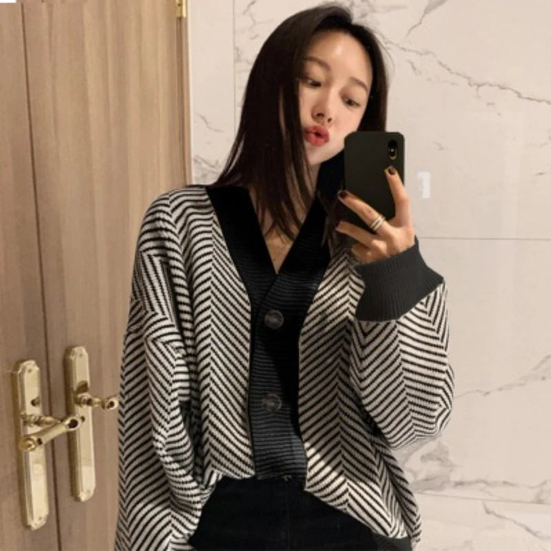 Hnewly  Women's Sweater Button Down V-Neck Striped Cardigan Knitted Tops Single Breasted Autumn Winter Casual Chic Knitwear Outfit