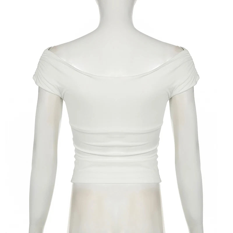 Hnewly V-Neck White Skinny Summer T shirt Women Folds Basic Off Shoulder Top All-Match Solid Casual Streetwear Tee Clothing