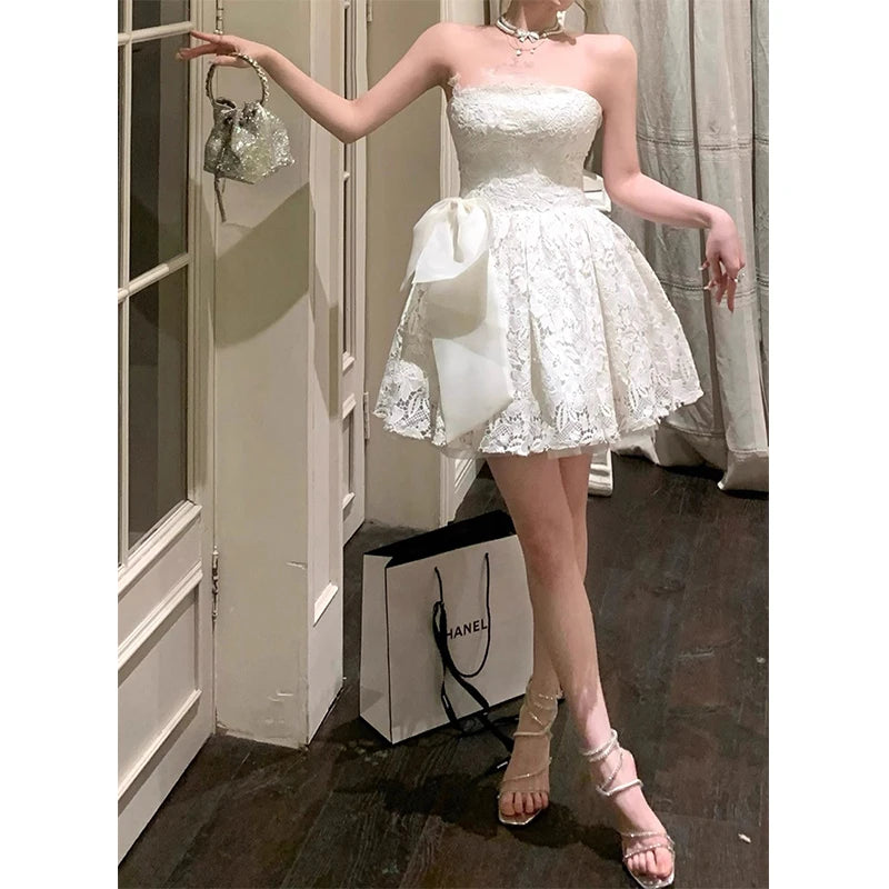 Hnewly Elegant Bow Mini Dress Women Fairy Party Prom Lace Strapless Dresses Summer Korean Sexy Backless Bodycon A Line Vestidos