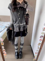 Hnewly  ay Knitted Vest Set Women's Long Sve Ruffle Hem Top Tee Piece Set Autumn Winter Faion Japanese Sle Warm High Waist...