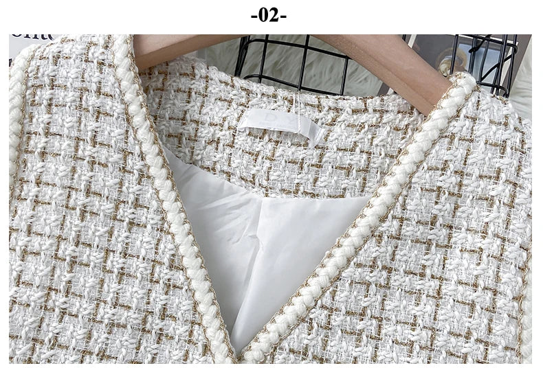 Hnewly  Women New Autumn Tweed Elegant Vintag Vest V-neck Sleeveless Slim Pockets Waistcoat Ladies Fashion Womens Short Small Vest