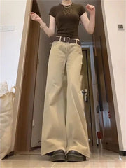 Hnewly  Women's Khaki Bootcut Jeans - Low Rise Flared Trousers 90s Vintage Wide Leg Denim Pants Casual Streetwear Y2K Fashion