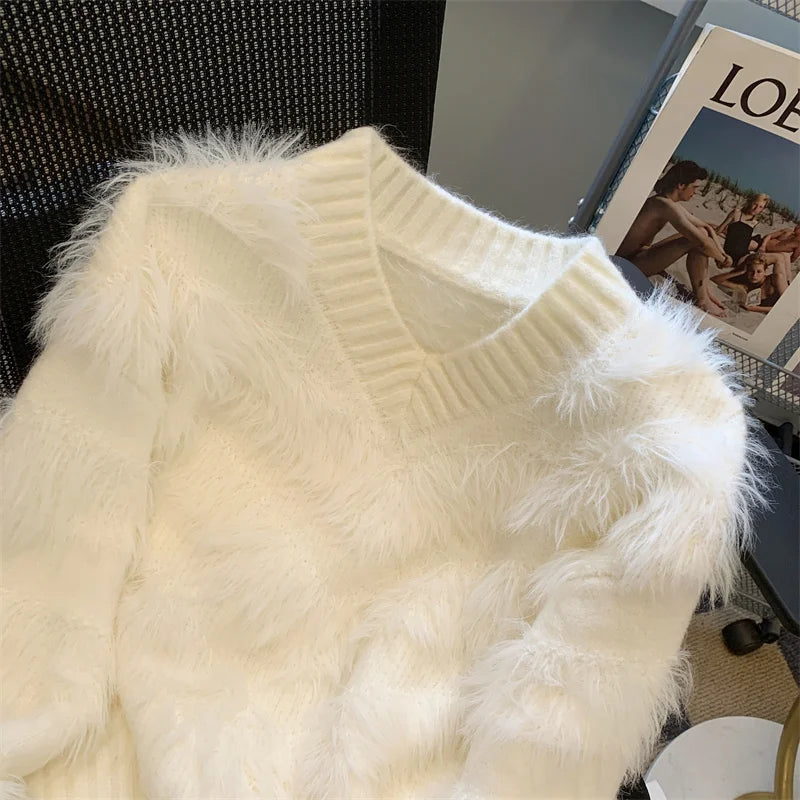 Hnewly  Imitate Mink Sweater for Women's Spring Autumn New Loose Long Sleeved Pullover Knitted Top Korean Slim V-neck Short Sweaters