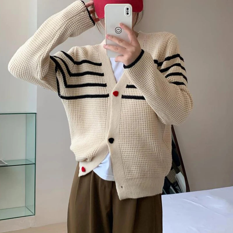 Hnewly  Striped Knit Cardigan Sweater with Heart-shape Button Front V-Neck Sweater Jacket Female Autumn Winter French Chic Cute Outfit
