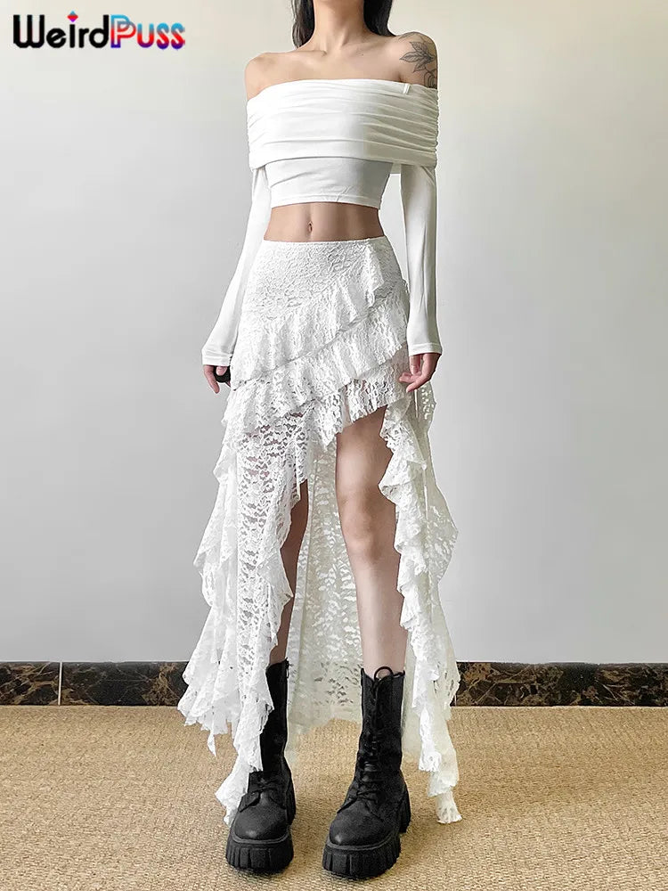 Hnewly  Women Skirts Chic Irregular Hem Multi-Layered Ruffles Lace Patchwork Summer Trend Skinny Versatile Bottoms