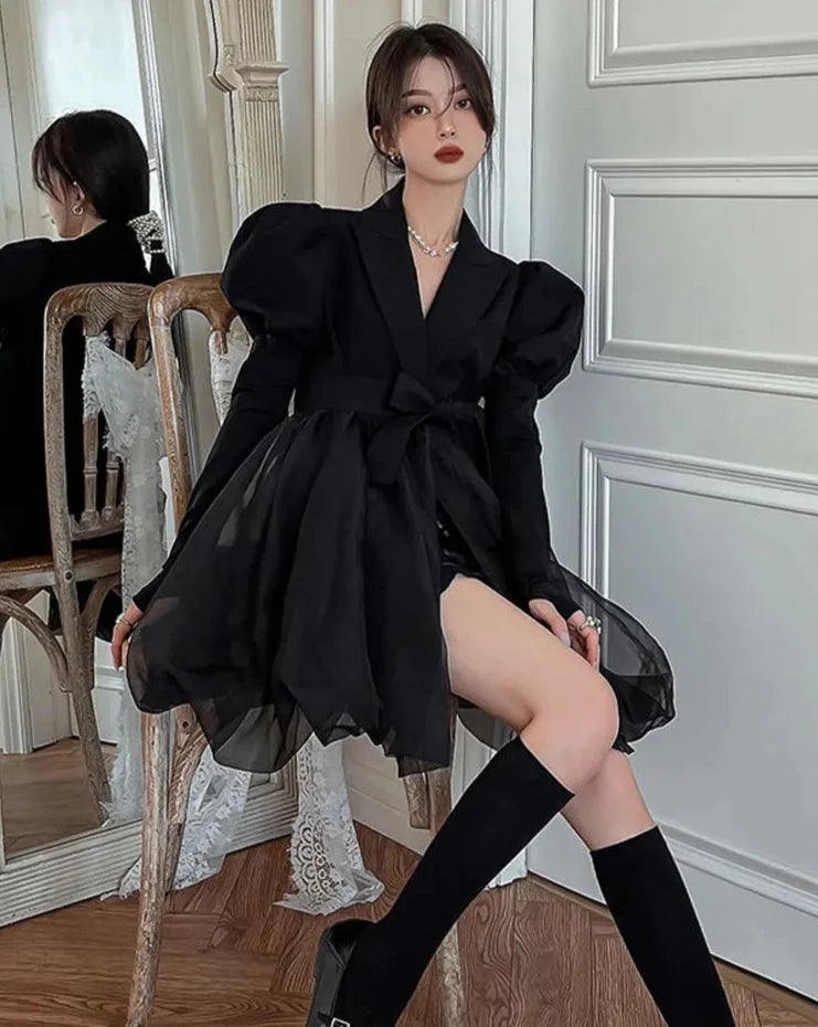 Hnewly DRESS TO IMPRESS Korean Black Mini Blazer Dress Women Elegant Vintage Chic Mesh Design Y2k Dress Winter Casual Sash Evening Party Dress One Piece