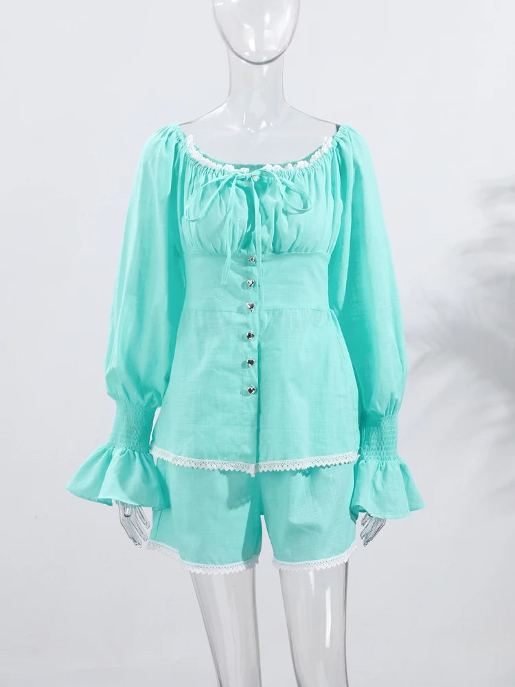 Hnewly  Women's Floral Print 2-Piece Suits Set Puff Sleeve Off Shoulder Top Matching Lace Trim Mini Shorts Summer Elegant Casual Outfit