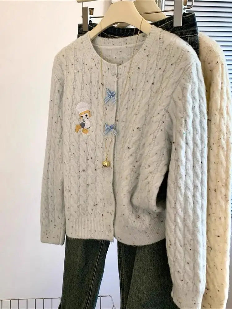 Hnewly  Korean Cartoon Embroidered Sweater Women Spring  Autumn New Soft Long Sleeved Knitted Cardigan O-neck Single Breasted Top