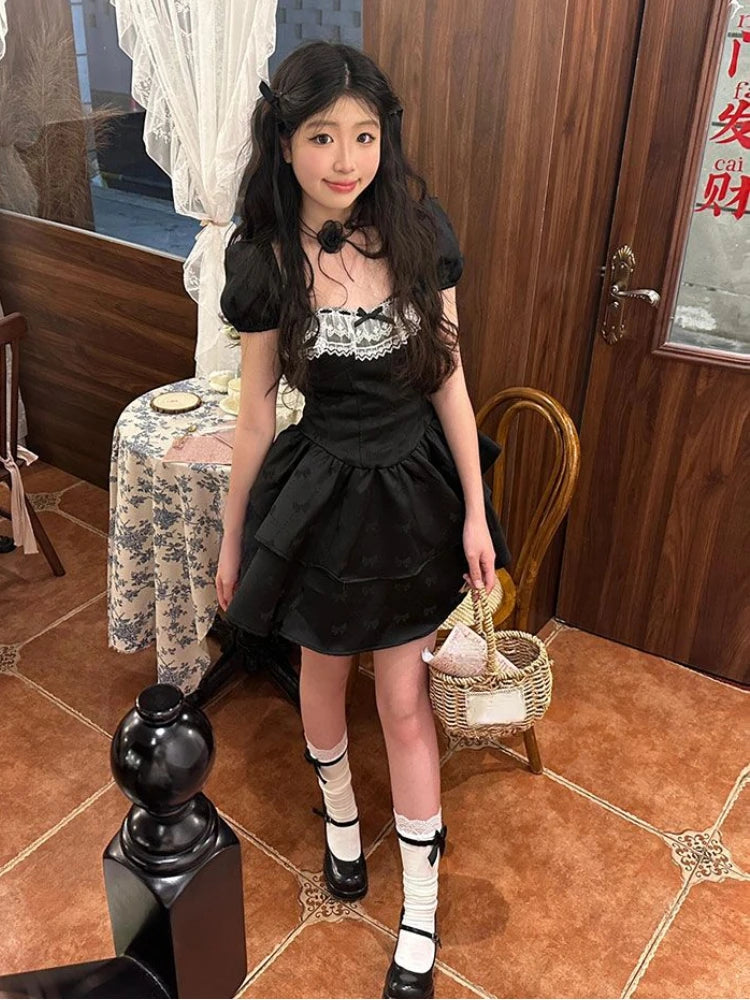 Hnewly Summer New Fashion Mini Dresses American Black Gothic Evening Party Clothing Women Elegant Sweet Lace Short Dress Vintage Chic